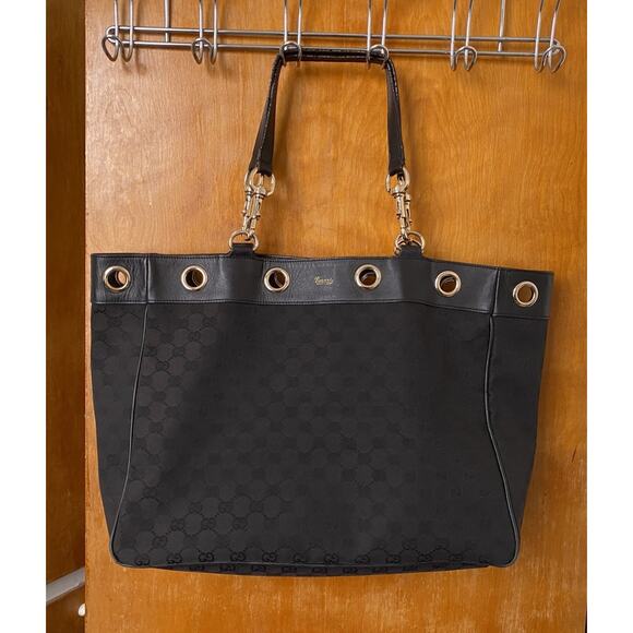 Gucci Black GG Monogram Canvas and Leather Positano Tote Gold Hardware - Picture 2 of 15